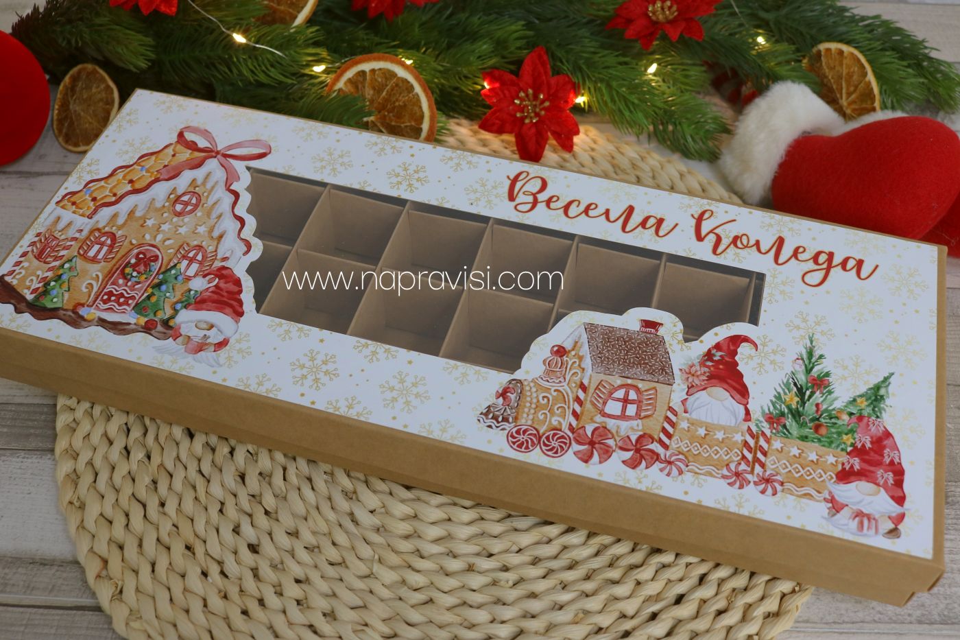 Крафт кутия за 40 бонбона 40х16х4см Коледа 